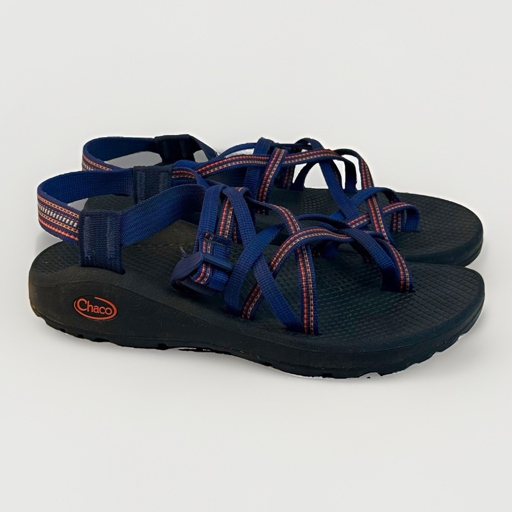 Chaco Women's Strappy Sport Sandal Blue Striped Webbing Slip On Rubber Sole